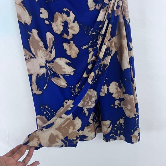 Lauren By Ralph Lauren Floral Print Blue And Tan Color Ruched Side 6 - Picture 5 of 9